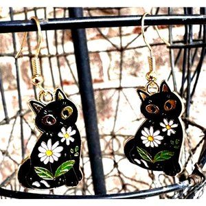 Cat Earrings Black Foral Dangle Hooks Painted Metal New Daisy Flower Art…